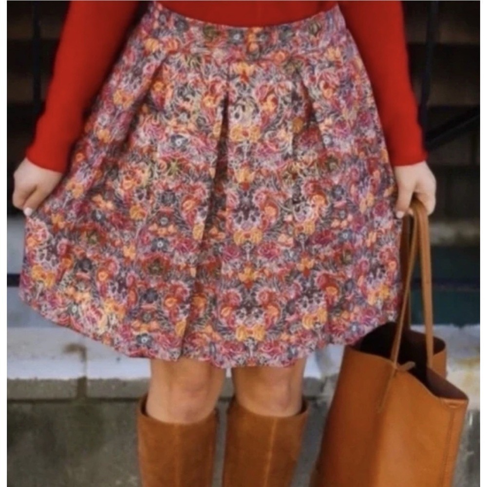 Anthropologie Maeve Rosie Floral Metallic Pleated Brocade Lined Skirt Size M - Picture 2 of 11